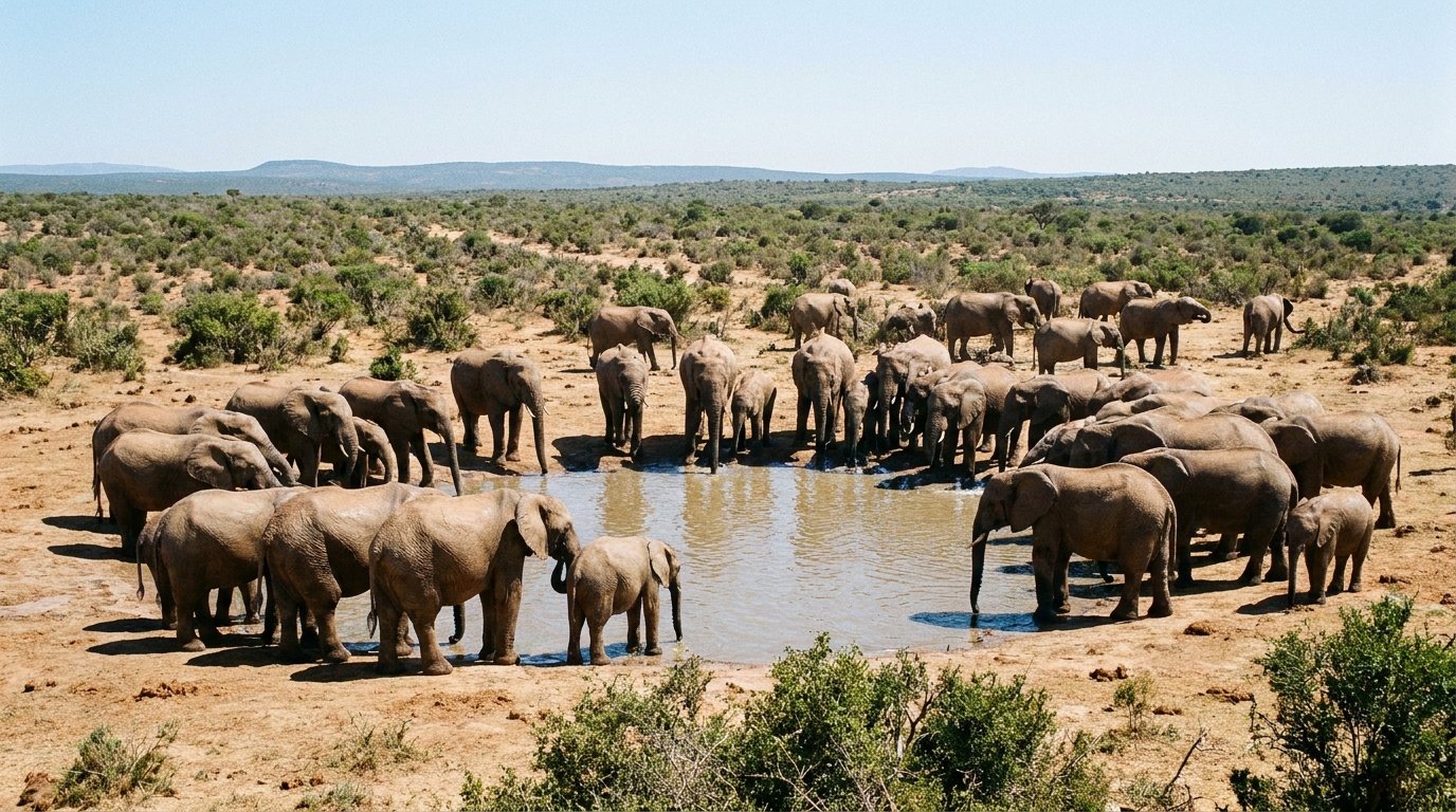 Herd of elephants at a waterhole in Addo Elephant National Park