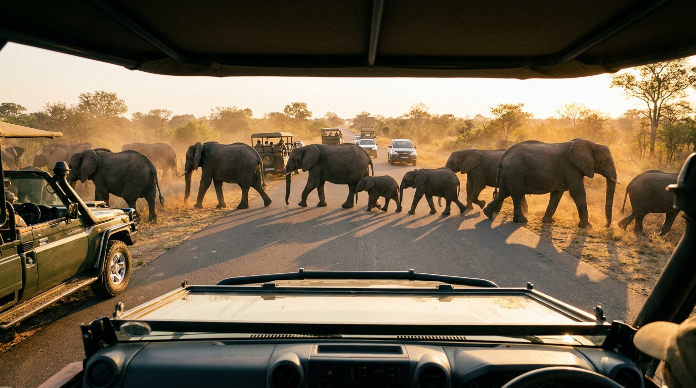 Elephant herd crossing a paved road in Kruger National Park