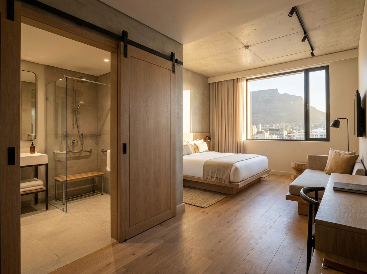 Accessible hotel room with wide doorway and roll-in shower in South Africa