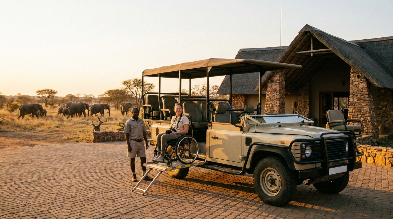 Adapted game drive vehicle with wheelchair ramp at a South African game reserve