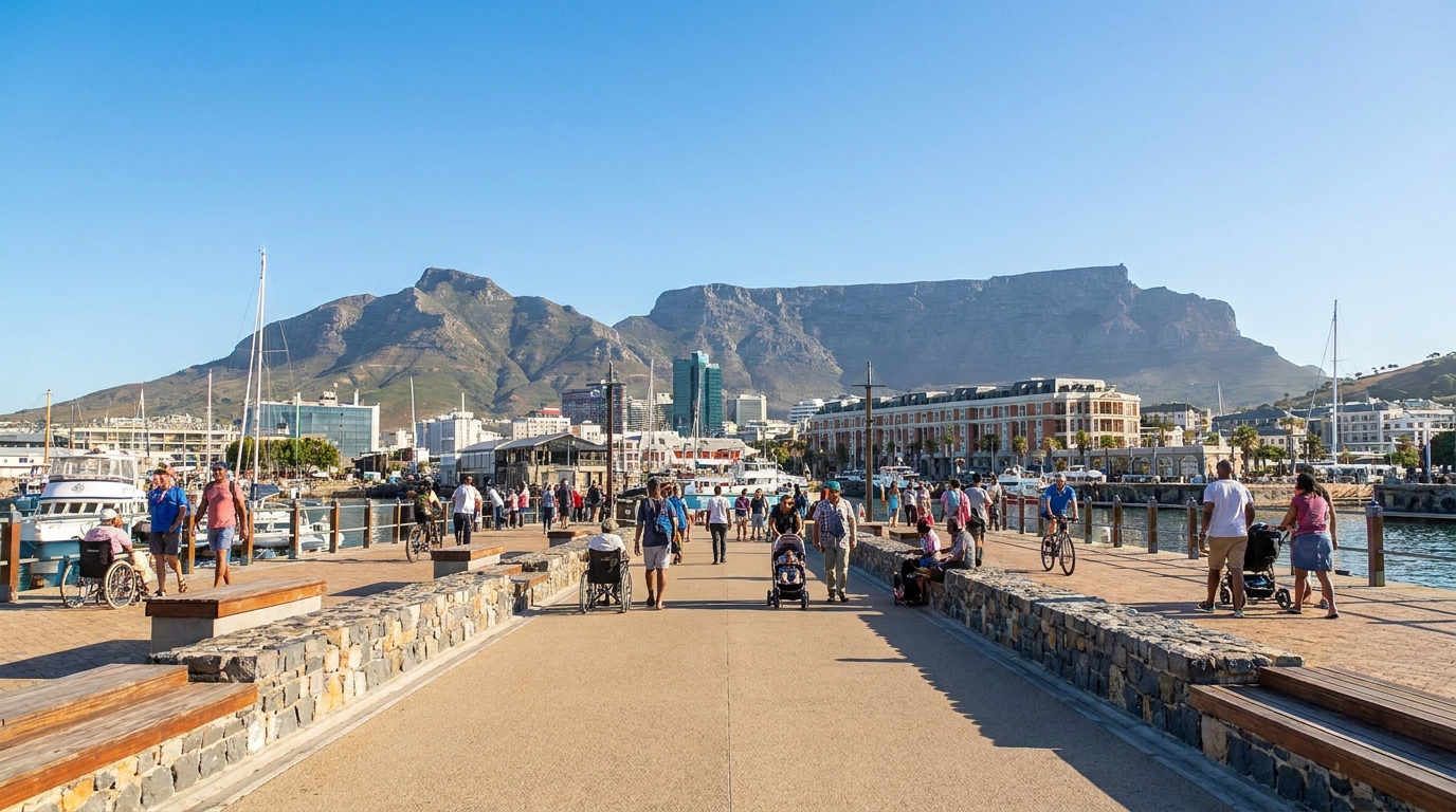 Cape Town waterfront accessible promenade with Table Mountain in background