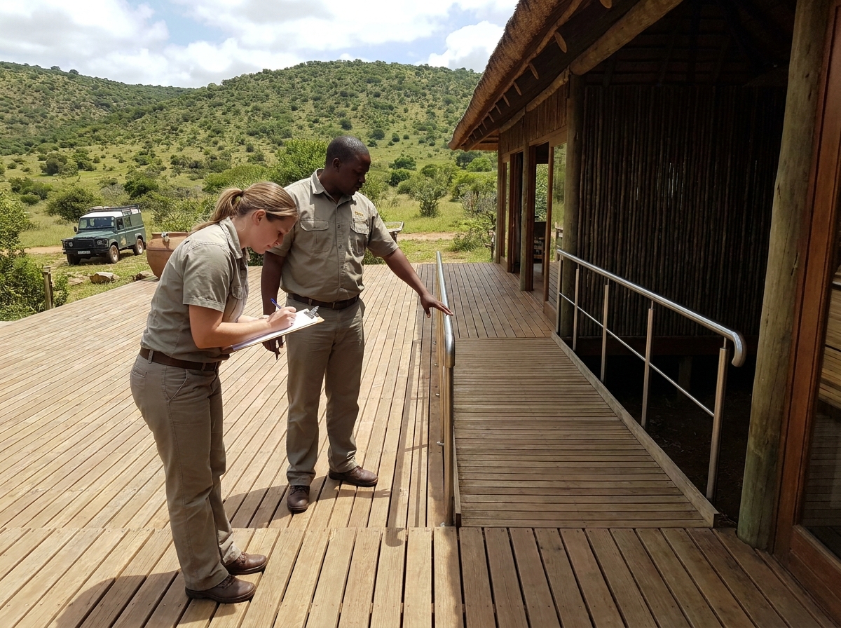 Lodge manager reviewing accessibility features with ATS assessor
